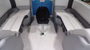 Pontoon boat interior with bench seating
