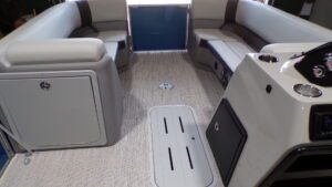 Modern pontoon boat interior with bench seating