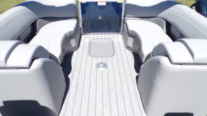 Gray pontoon boat interior with cushioned seating