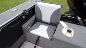 Fold-down gray and white boat fishing seat