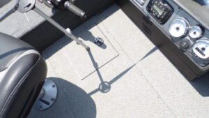 Fishing boat deck with seat and console