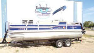 Side view of a pontoon boat trailer