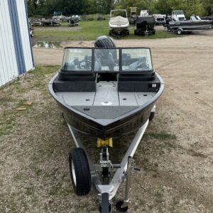 Front view of a fishing boat on trailer.